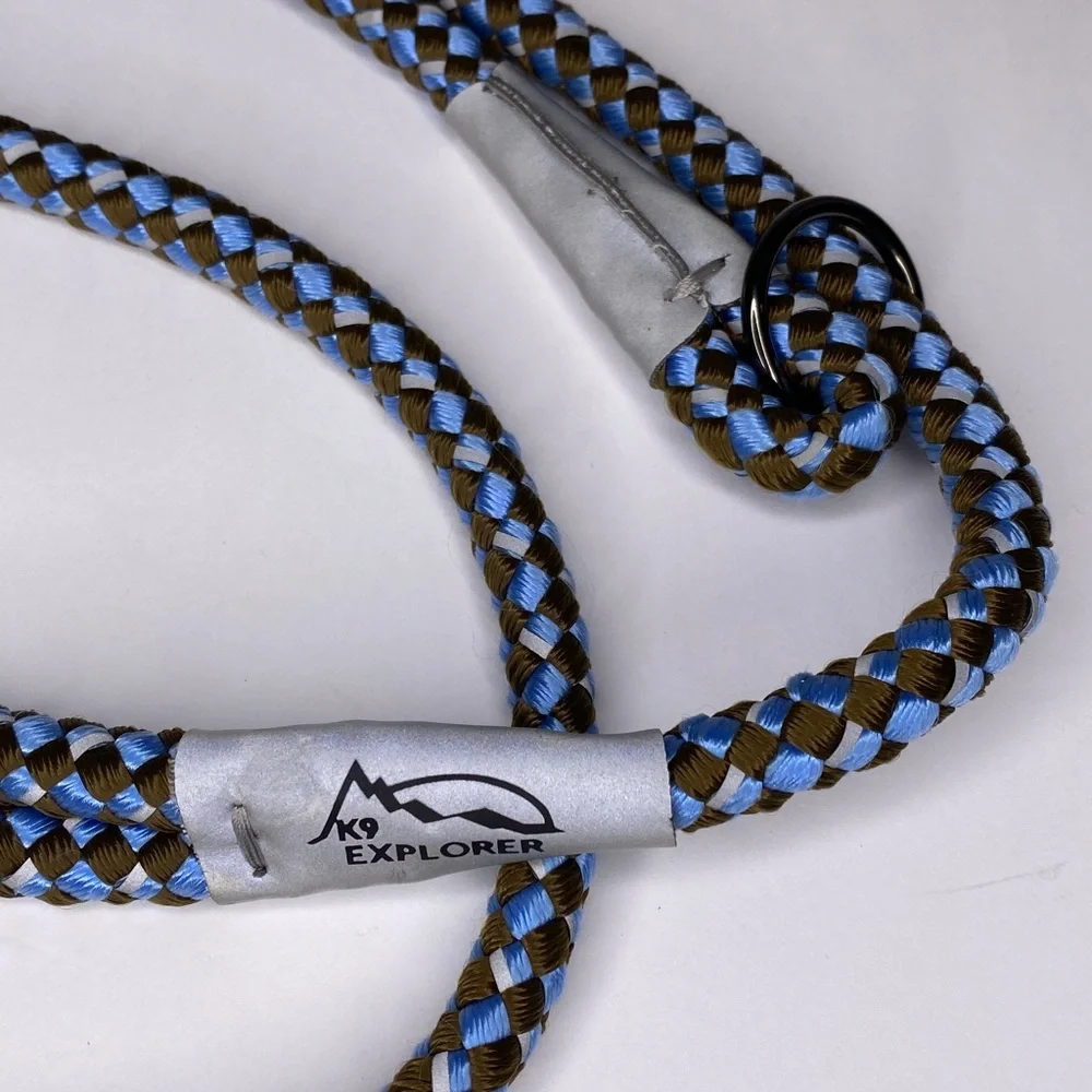 K9 Explorer Braided Rope Slip Dog Leash Sapphire-Reflective Blue, Brown and Gray